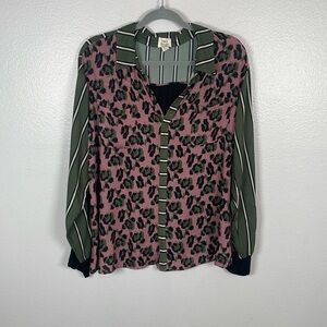Anthropologie Tiny Mixed Media Pink Leopard and Green Striped Popover size XLP